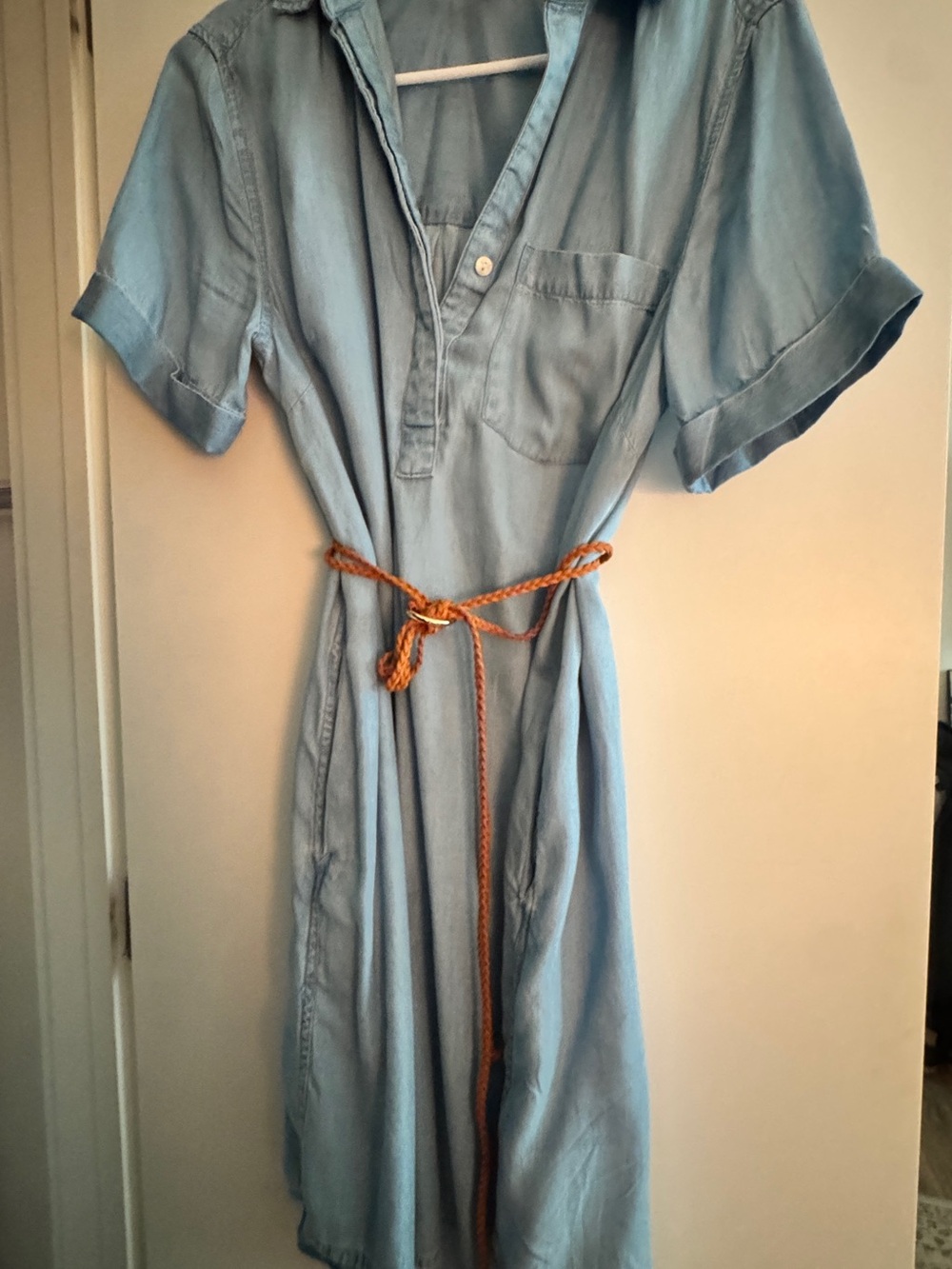 Light Blue Shirt Dress with Braided Belt, Comfy fit Small to Med and shows waist
